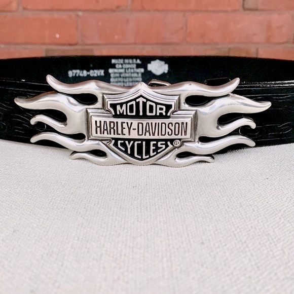 HARLEY-DAVIDSON Flame Tooled Black Leather Belt & Belt Buckle Size 36 - Picture 4 of 16